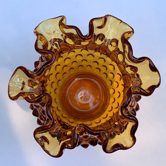 Vintage Fenton Amber Glass Footed Hobnail Vase with Ruffled Edge - Picture 5 of 12